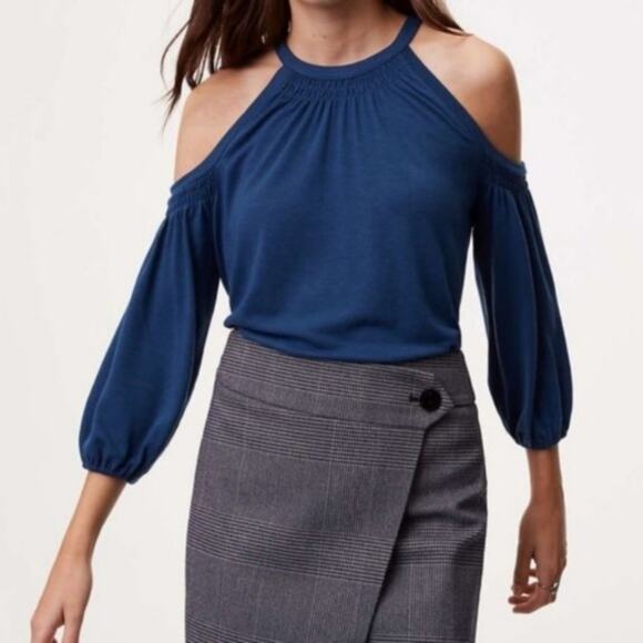 LOFT Blue Smocked Cold Shoulder Top - Picture 1 of 7